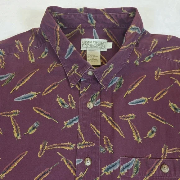 Vintage Banana Republic Safari Button Up Mens L Long Sleeve Feathers Burgundy - Picture 4 of 10